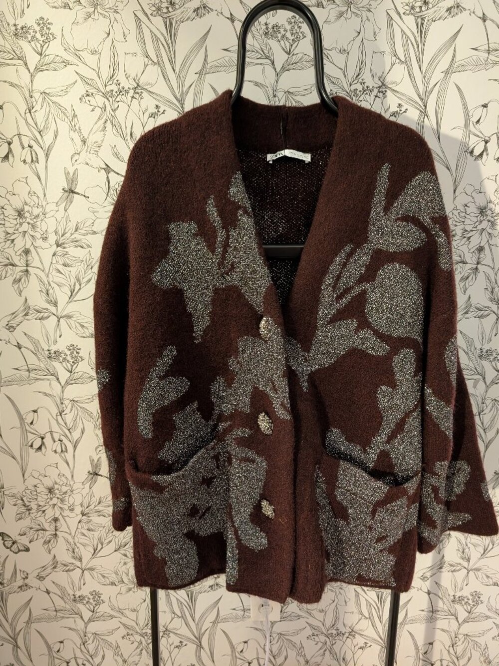 Zara Brown Metallic Floral Jacquard Cardigan Embellished Buttons S/M NWT